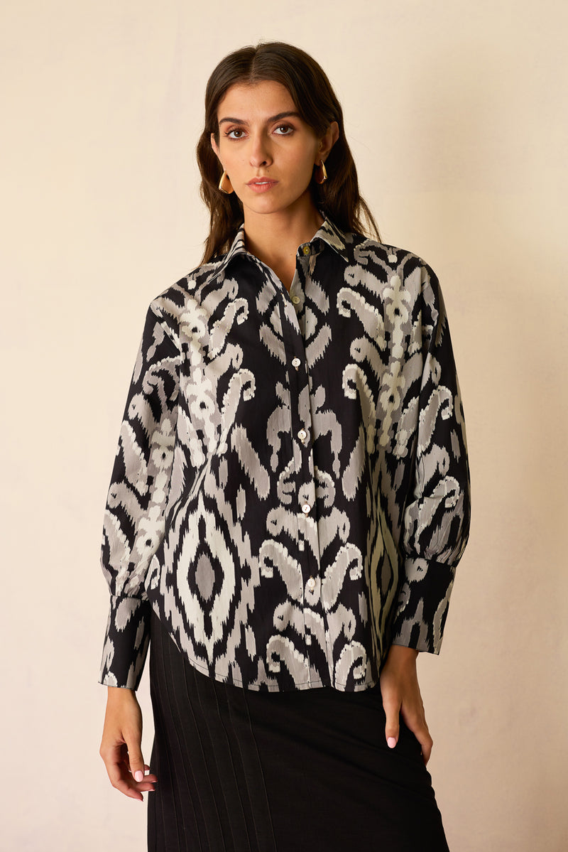 Greyscale Oversized Ikat Shirt cotton top/shirt by World of SiSa in grey for women Worldwide