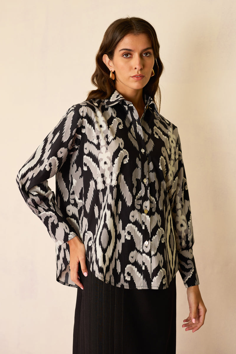 Greyscale Oversized Ikat Shirt cotton top/shirt by World of SiSa in grey for women Worldwide