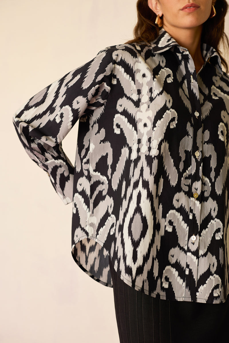 Greyscale Oversized Ikat Shirt cotton top/shirt by World of SiSa in grey for women Worldwide