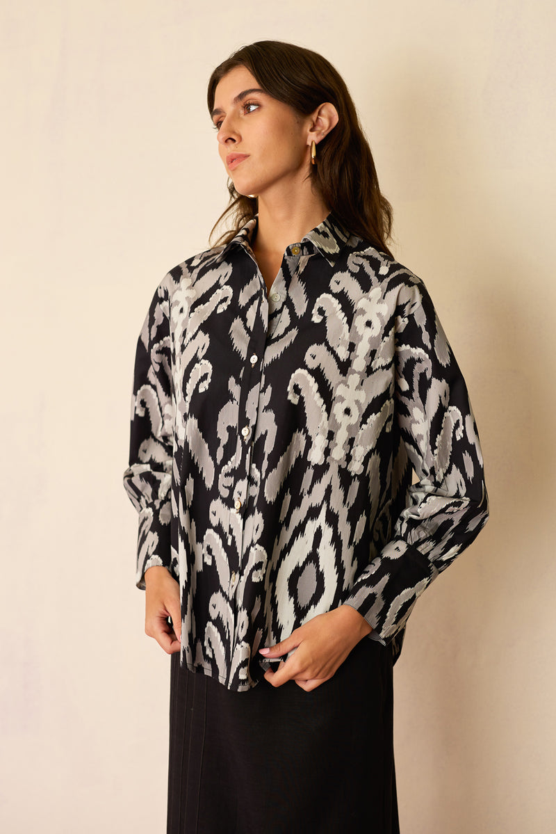 Greyscale Oversized Ikat Shirt cotton top/shirt by World of SiSa in grey for women Worldwide