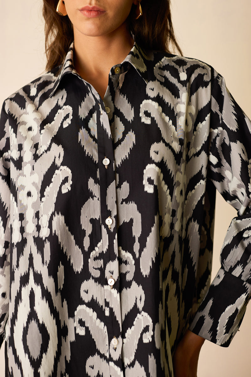 Greyscale Oversized Ikat Shirt cotton top/shirt by World of SiSa in grey for women Worldwide