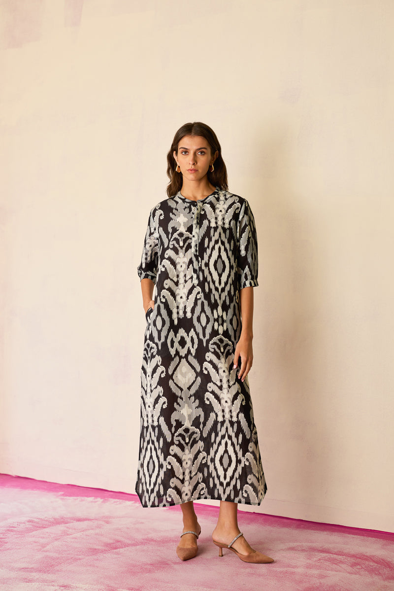 Greyscale Ikat Shirt Dress linen dress by World of SiSa in grey for women Worldwide
