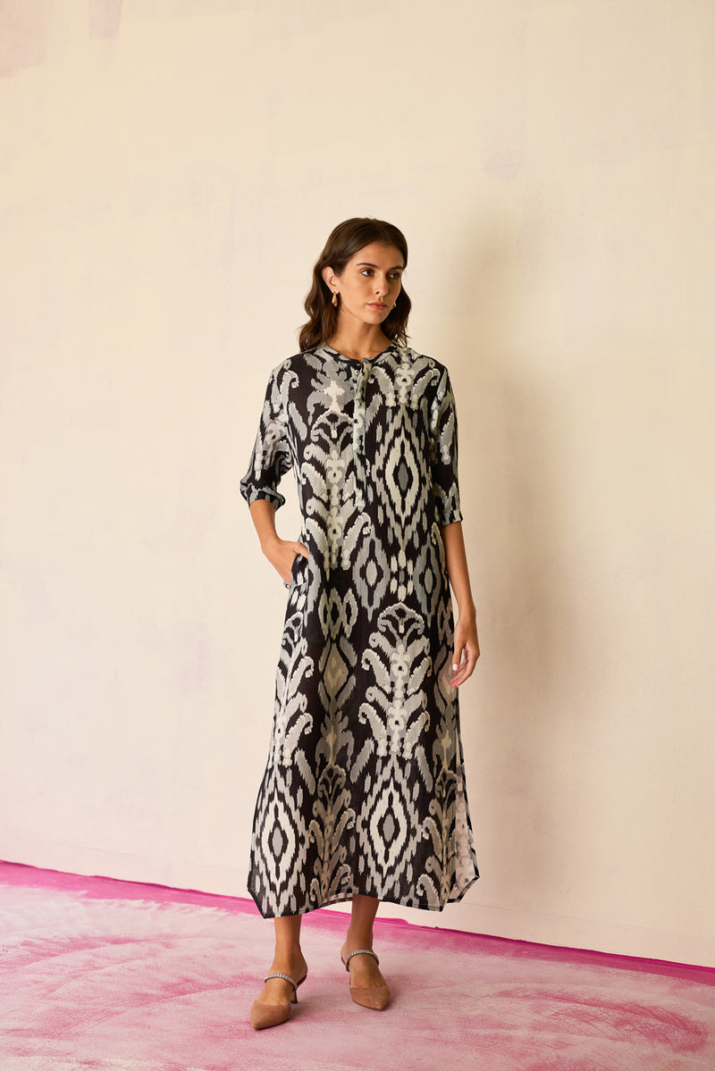Greyscale Ikat Shirt Dress linen dress by World of SiSa in grey for women Worldwide