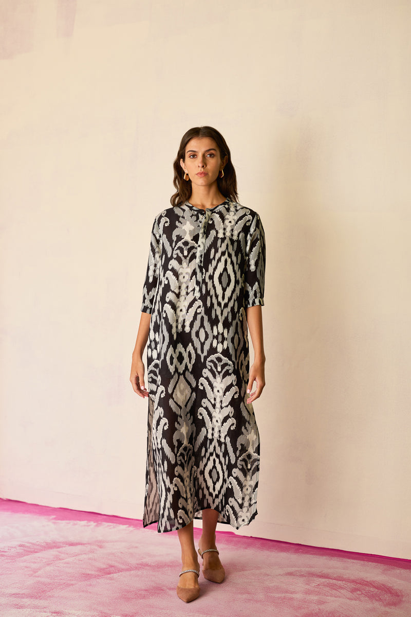 Greyscale Ikat Shirt Dress linen dress by World of SiSa in grey for women Worldwide