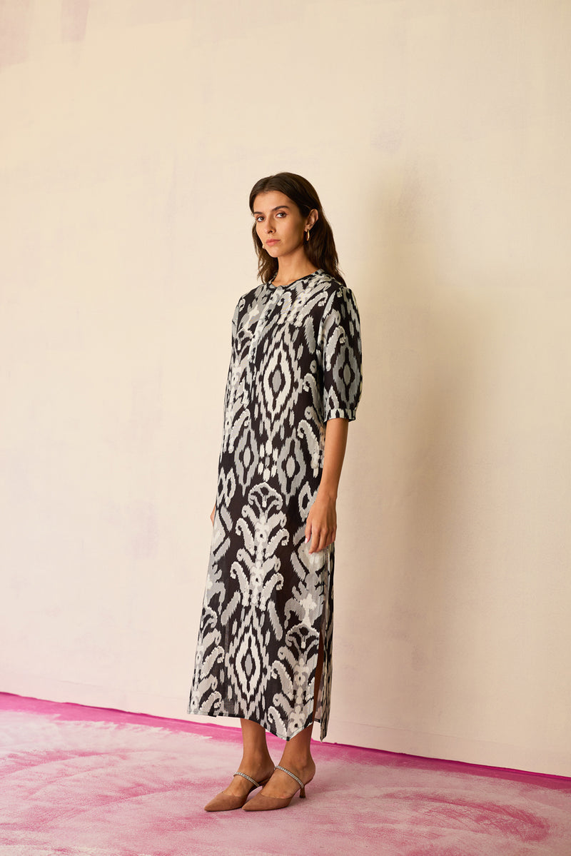 Greyscale Ikat Shirt Dress linen dress by World of SiSa in grey for women Worldwide