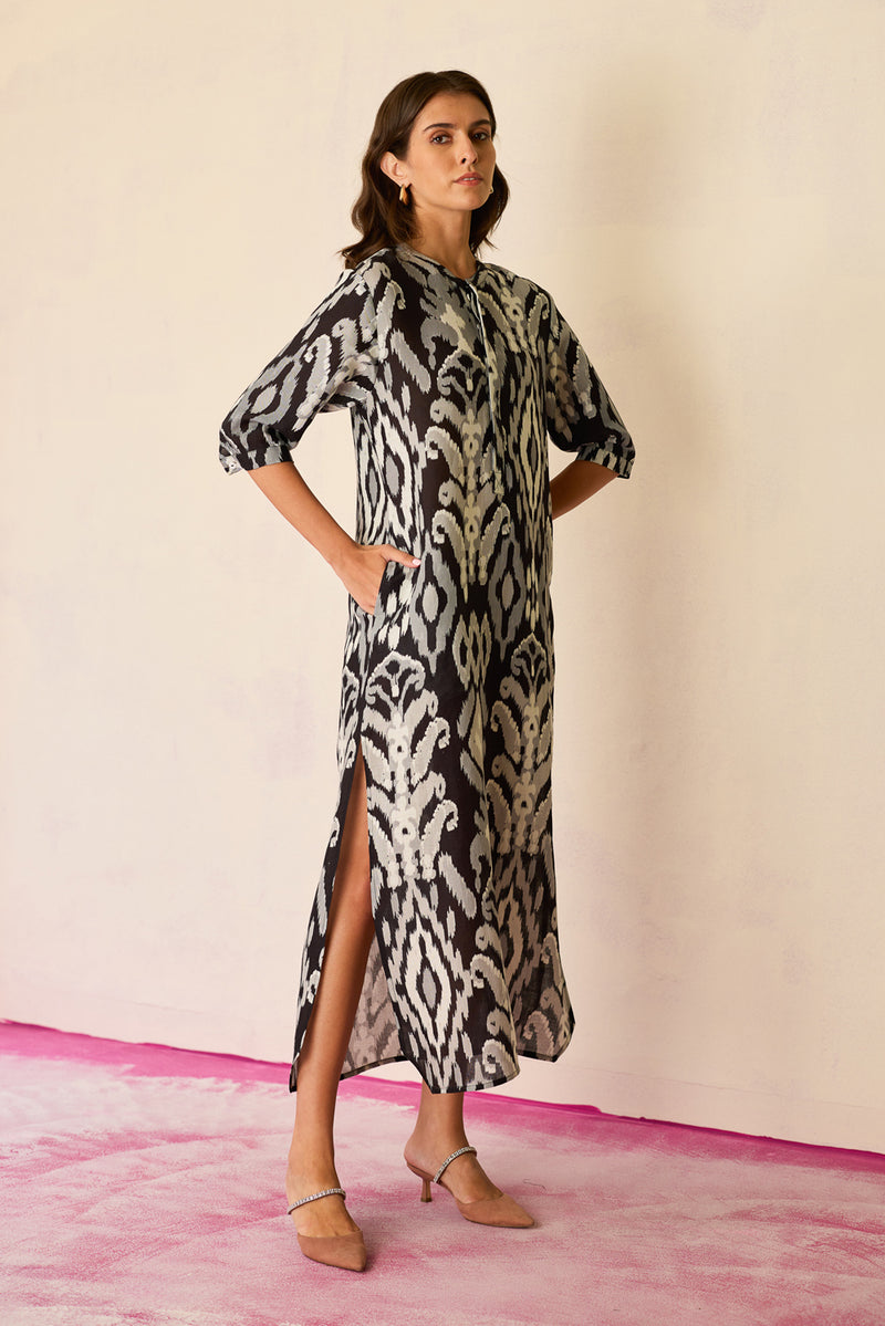 Greyscale Ikat Shirt Dress linen dress by World of SiSa in grey for women Worldwide