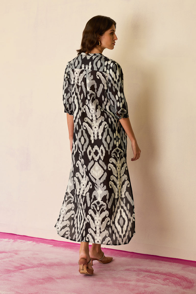 Greyscale Ikat Shirt Dress linen dress by World of SiSa in grey for women Worldwide