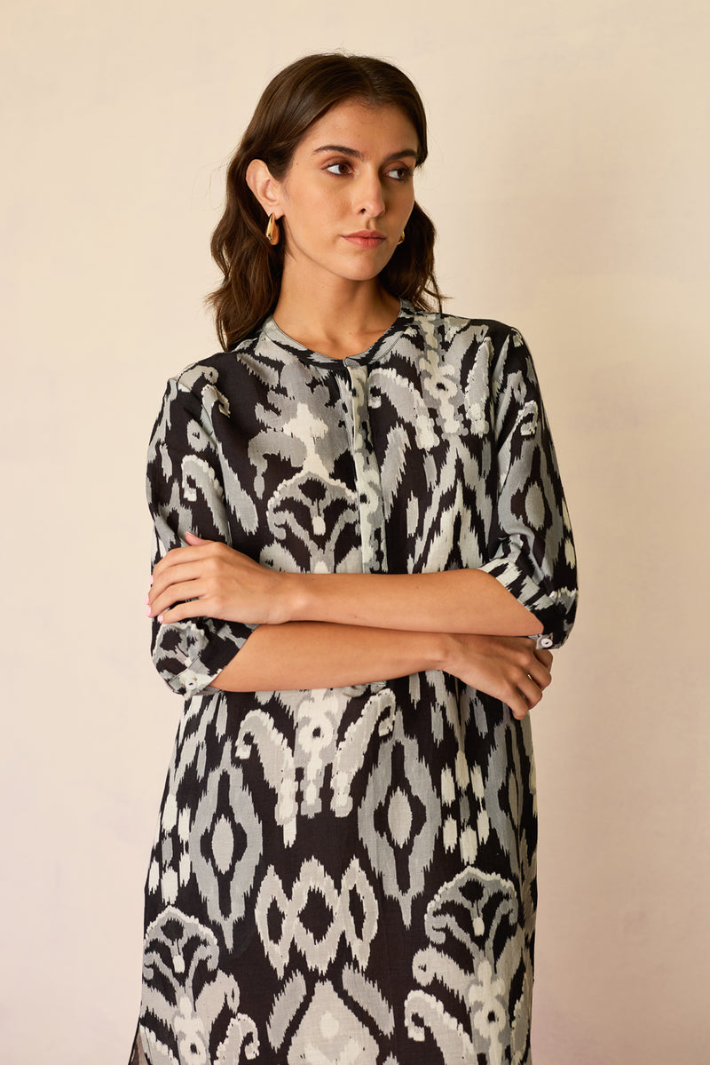 Greyscale Ikat Shirt Dress linen dress by World of SiSa in grey for women Worldwide