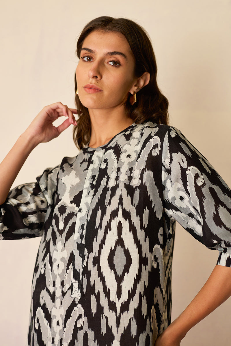 Greyscale Ikat Shirt Dress linen dress by World of SiSa in grey for women Worldwide
