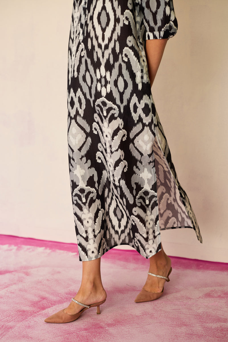 Greyscale Ikat Shirt Dress linen dress by World of SiSa in grey for women Worldwide
