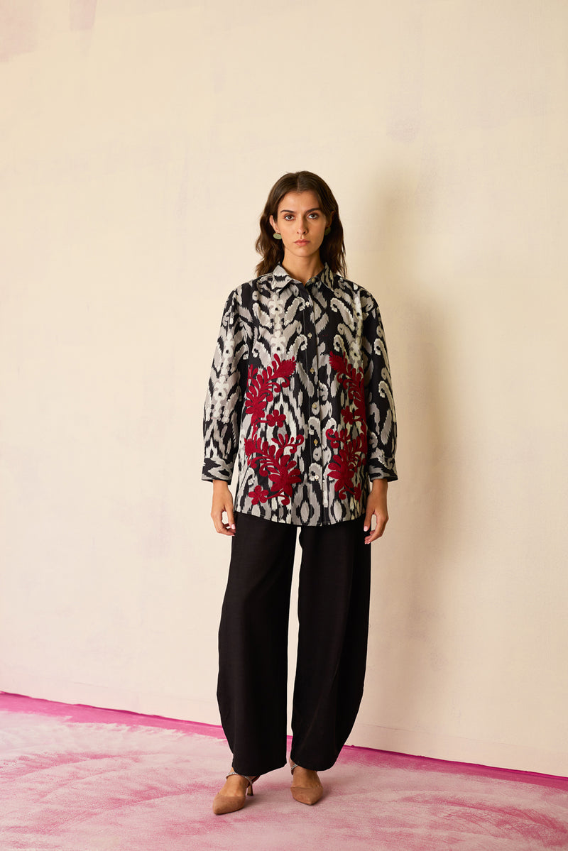 Black Ikat Cord Embroidered Shirt cotton top/shirt by World of SiSa in black for women Worldwide