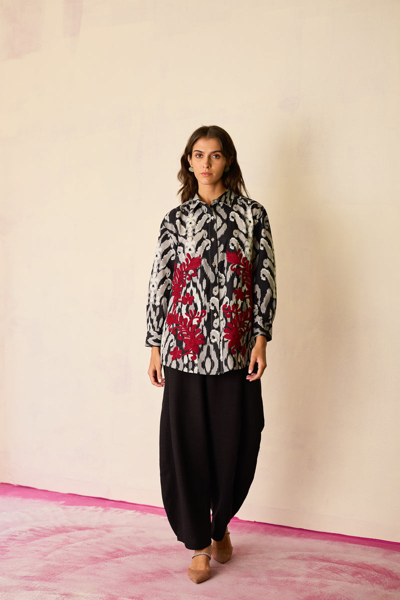 Black Ikat Cord Embroidered Shirt cotton top/shirt by World of SiSa in black for women Worldwide