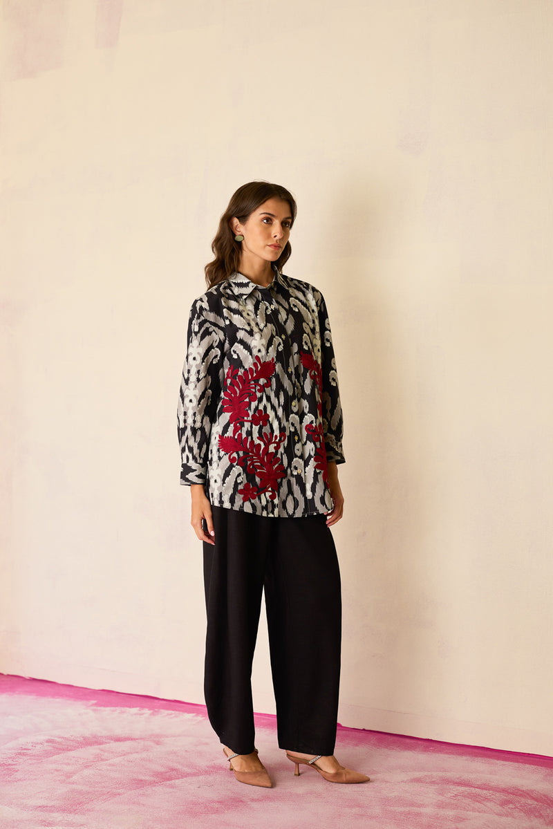Black Ikat Cord Embroidered Shirt cotton top/shirt by World of SiSa in black for women Worldwide
