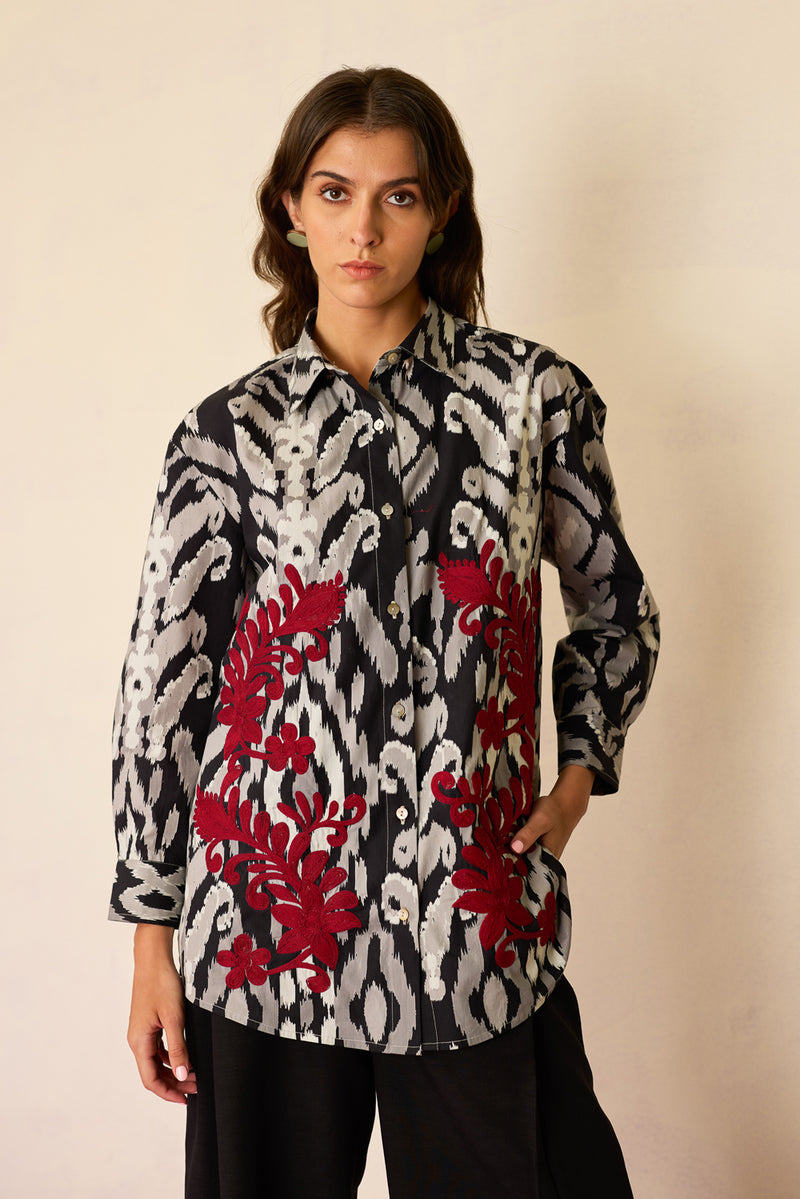 Black Ikat Cord Embroidered Shirt cotton top/shirt by World of SiSa in black for women Worldwide