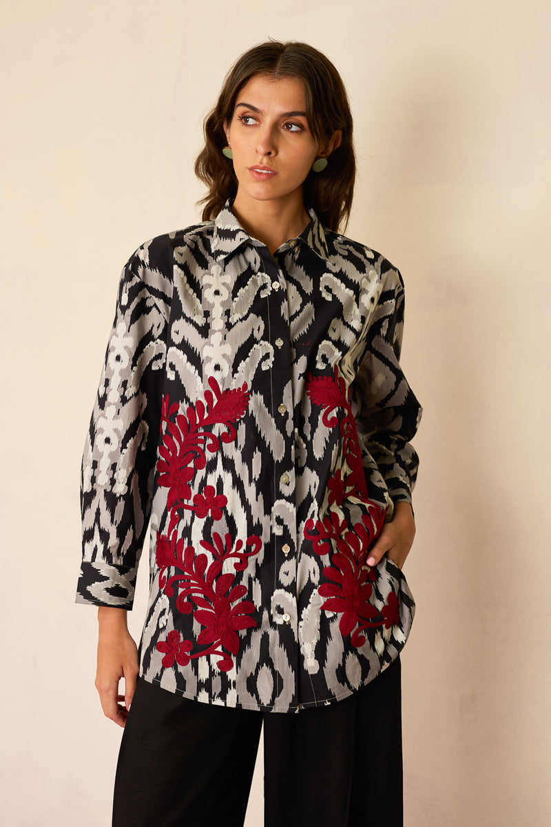 Black Ikat Cord Embroidered Shirt cotton top/shirt by World of SiSa in black for women Worldwide