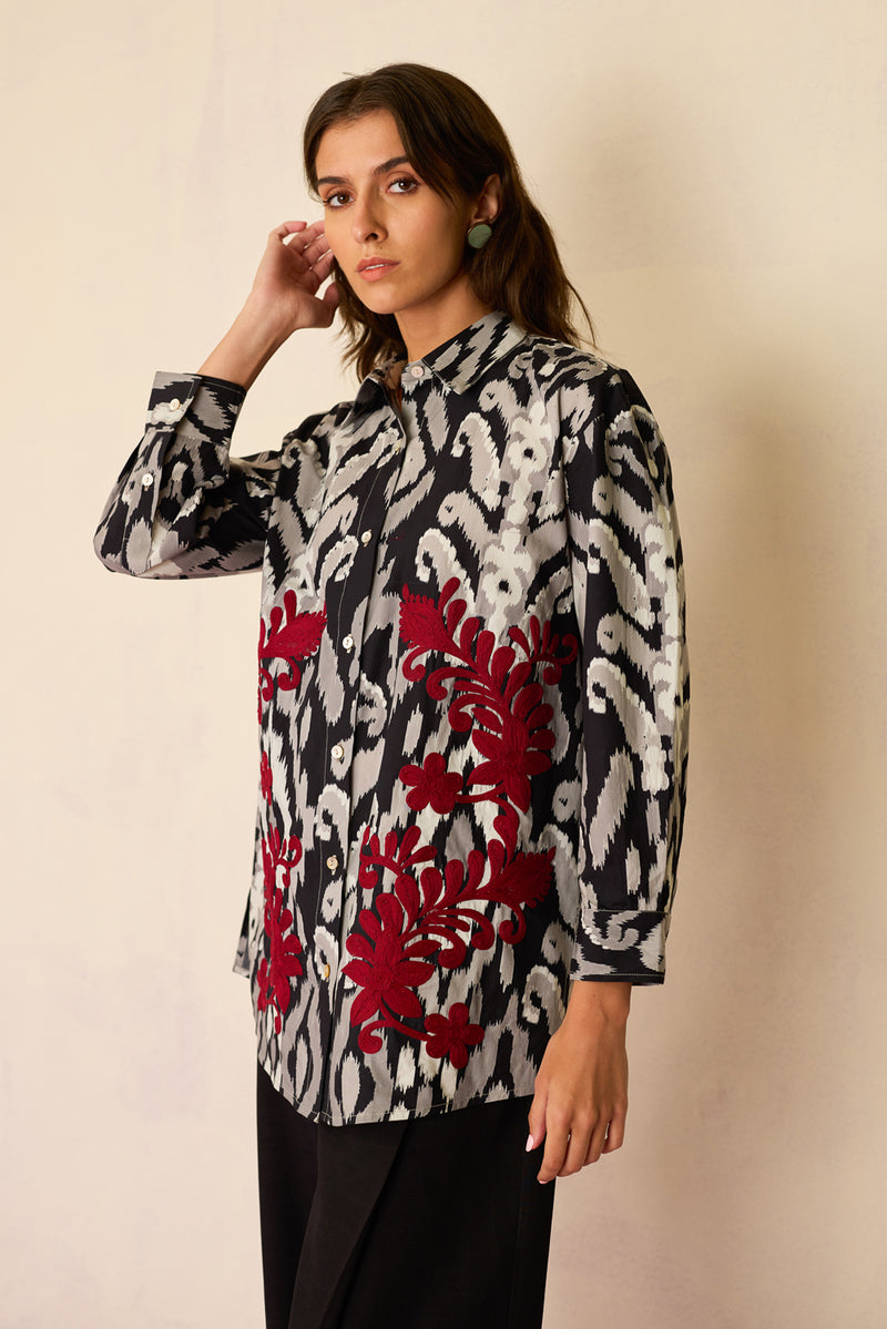 Black Ikat Cord Embroidered Shirt cotton top/shirt by World of SiSa in black for women Worldwide