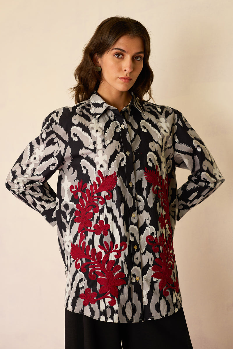 Black Ikat Cord Embroidered Shirt cotton top/shirt by World of SiSa in black for women Worldwide