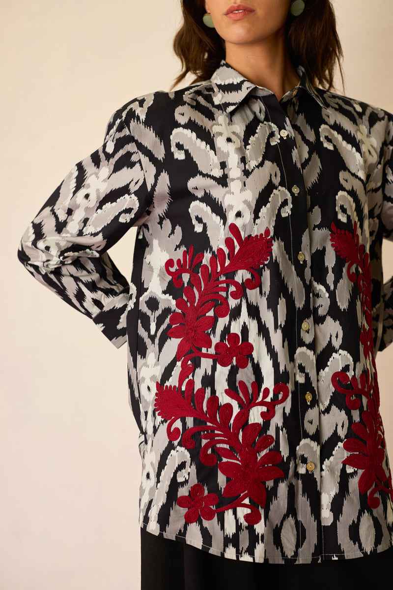 Black Ikat Cord Embroidered Shirt cotton top/shirt by World of SiSa in black for women Worldwide