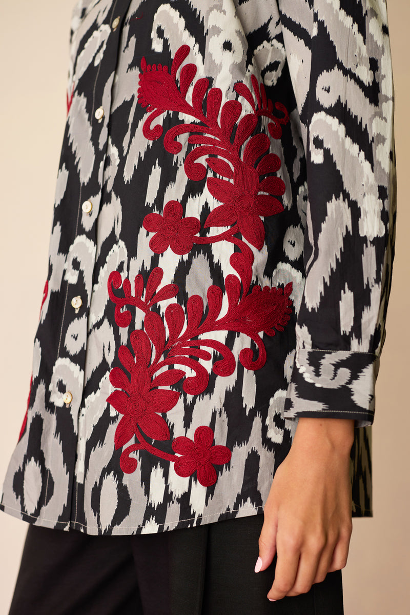 Black Ikat Cord Embroidered Shirt cotton top/shirt by World of SiSa in black for women Worldwide