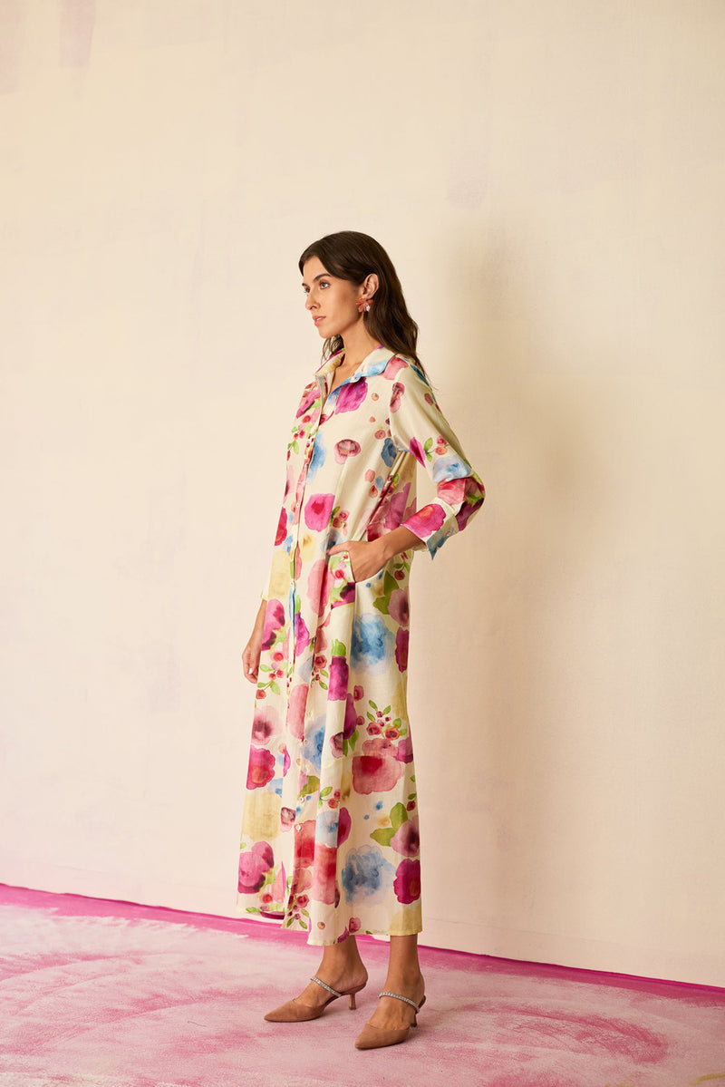 Californian Poppies Shirt Dress cotton, silk dress by World of SiSa in multi-color for women Worldwide