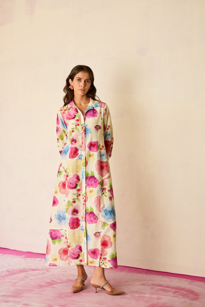 Californian Poppies Shirt Dress cotton, silk dress by World of SiSa in multi-color for women Worldwide