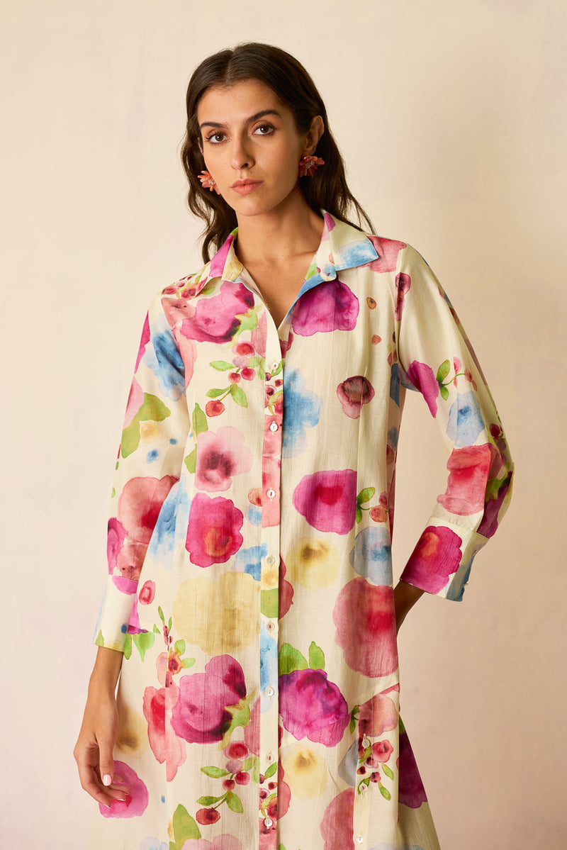 Californian Poppies Shirt Dress cotton, silk dress by World of SiSa in multi-color for women Worldwide