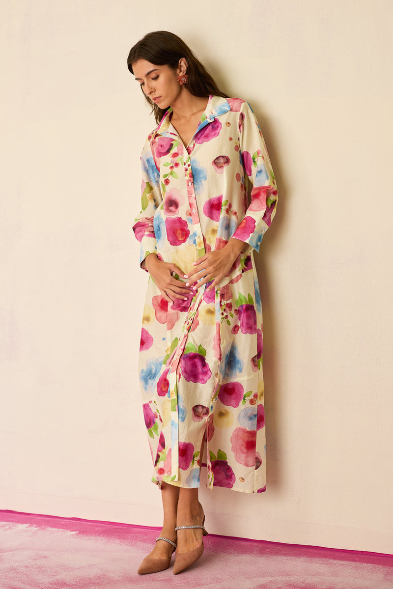 Californian Poppies Shirt Dress cotton, silk dress by World of SiSa in multi-color for women Worldwide