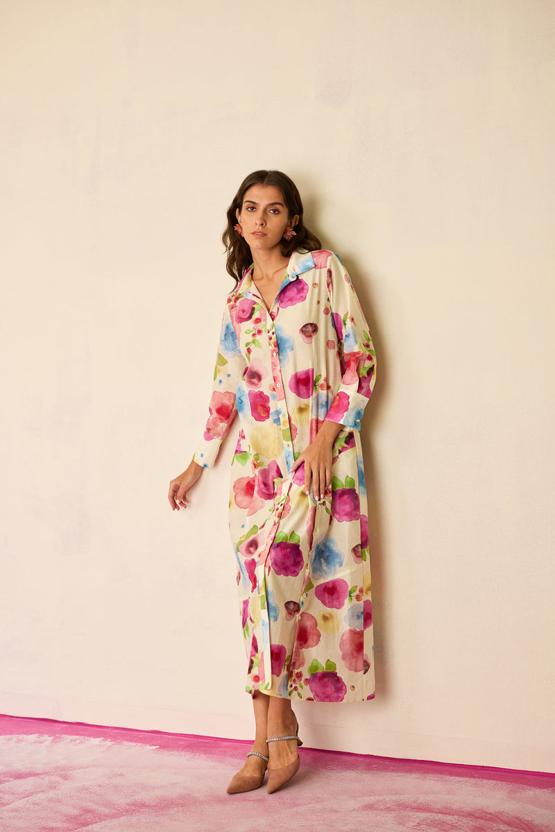 Californian Poppies Shirt Dress cotton, silk dress by World of SiSa in multi-color for women Worldwide