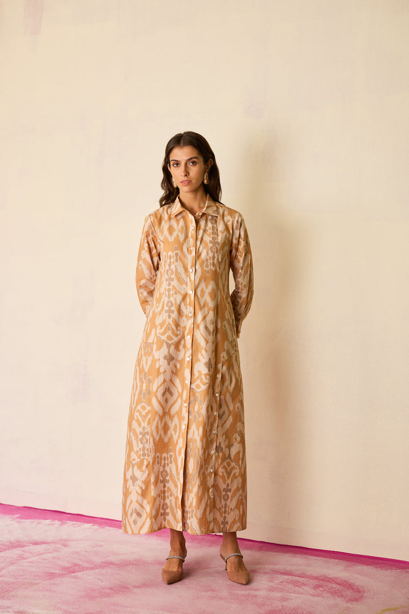 Sand Ikat Collared Shirt Dress cotton dress by World of SiSa in musturd yellow for women Worldwide