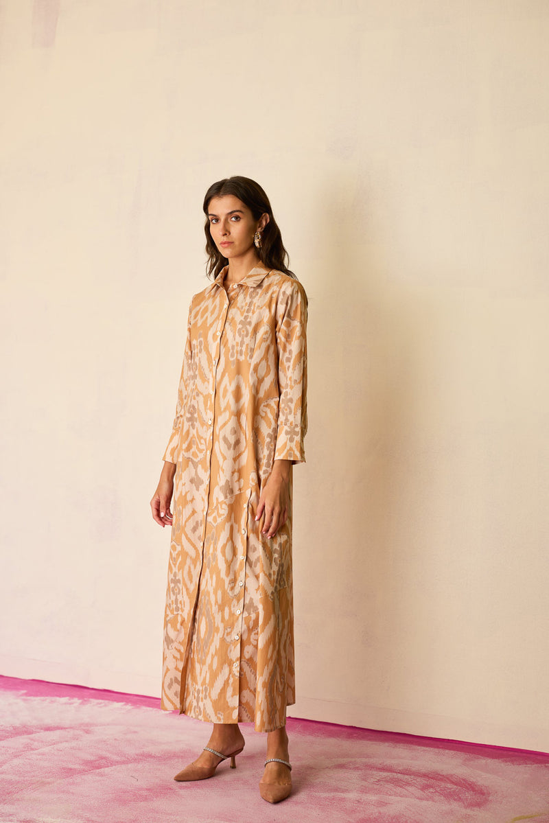Sand Ikat Collared Shirt Dress cotton dress by World of SiSa in musturd yellow for women Worldwide