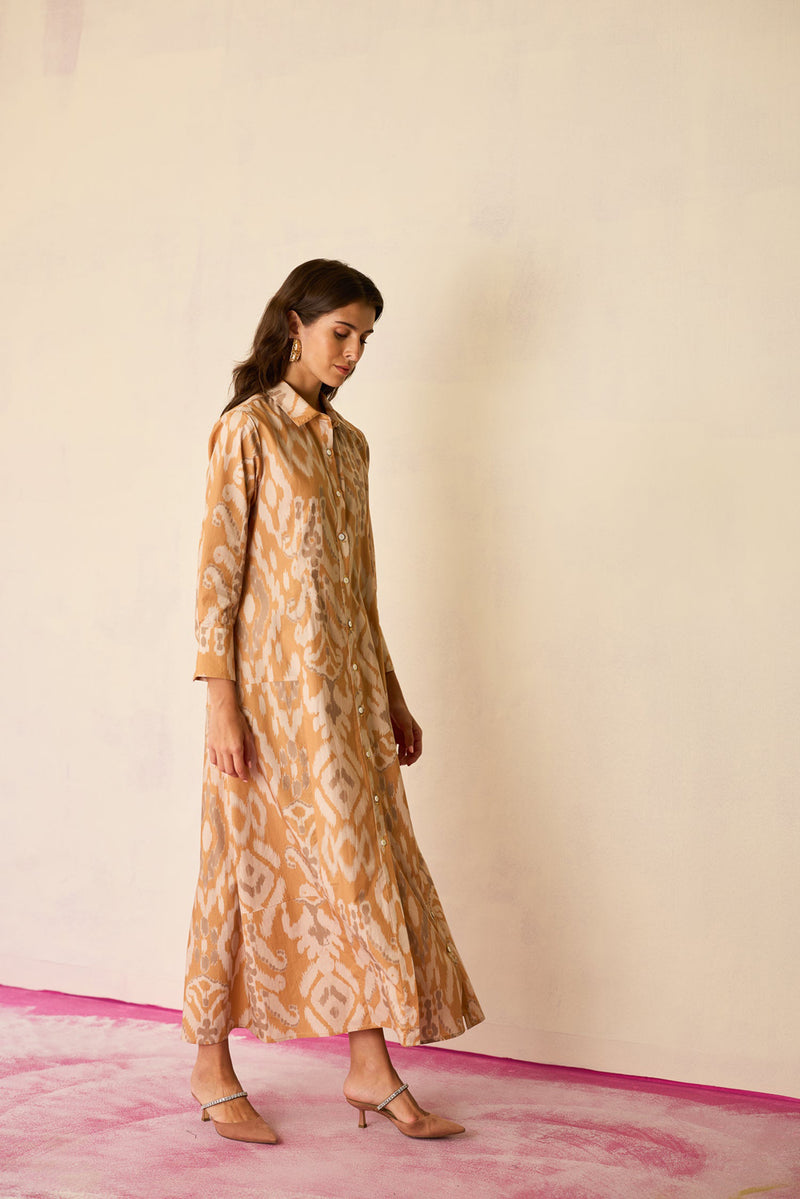 Sand Ikat Collared Shirt Dress cotton dress by World of SiSa in musturd yellow for women Worldwide