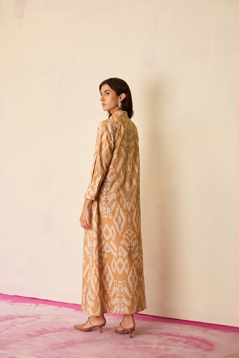 Sand Ikat Collared Shirt Dress cotton dress by World of SiSa in musturd yellow for women Worldwide