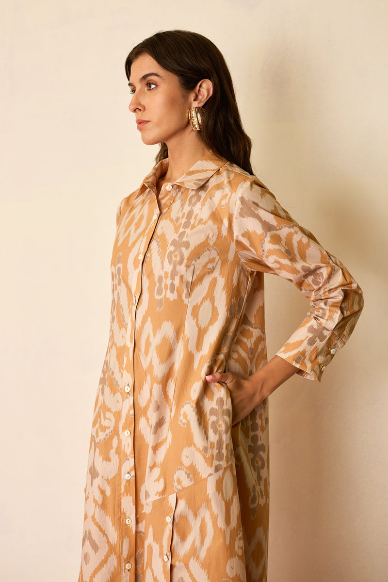 Sand Ikat Collared Shirt Dress cotton dress by World of SiSa in musturd yellow for women Worldwide
