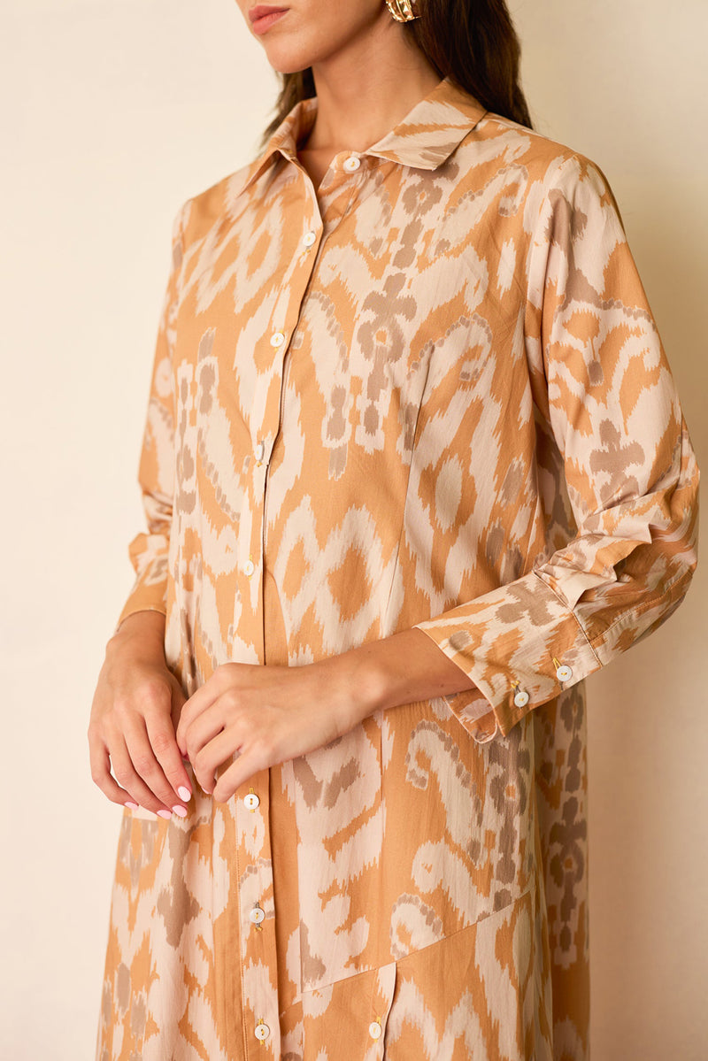 Sand Ikat Collared Shirt Dress cotton dress by World of SiSa in musturd yellow for women Worldwide