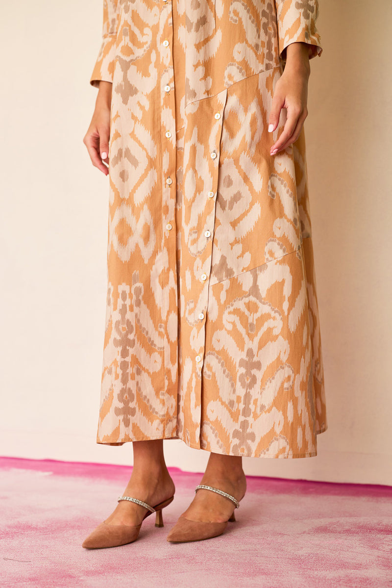 Sand Ikat Collared Shirt Dress cotton dress by World of SiSa in musturd yellow for women Worldwide