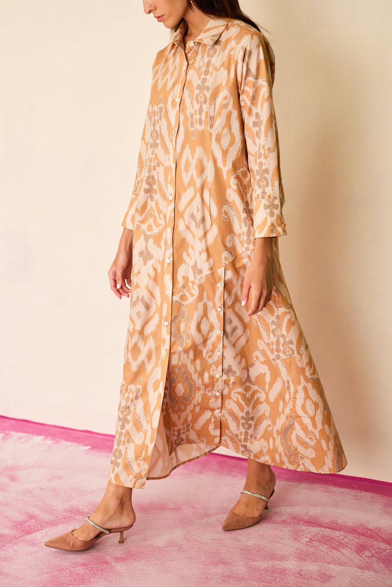 Sand Ikat Collared Shirt Dress cotton dress by World of SiSa in musturd yellow for women Worldwide