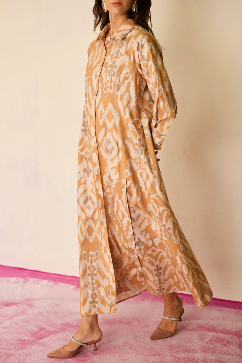 Sand Ikat Collared Shirt Dress cotton dress by World of SiSa in musturd yellow for women Worldwide