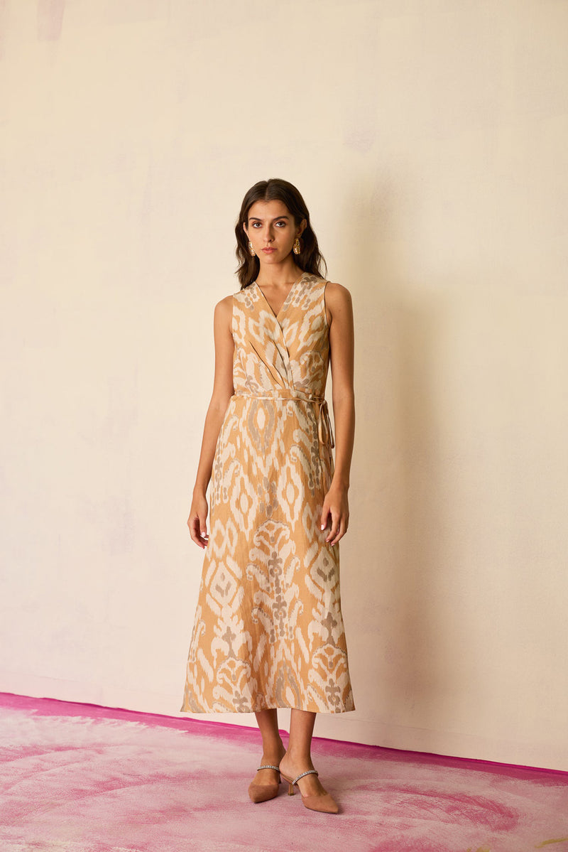 Sand Ikat Wrap Dress linen dress by World of SiSa in musturd yellow for women Worldwide