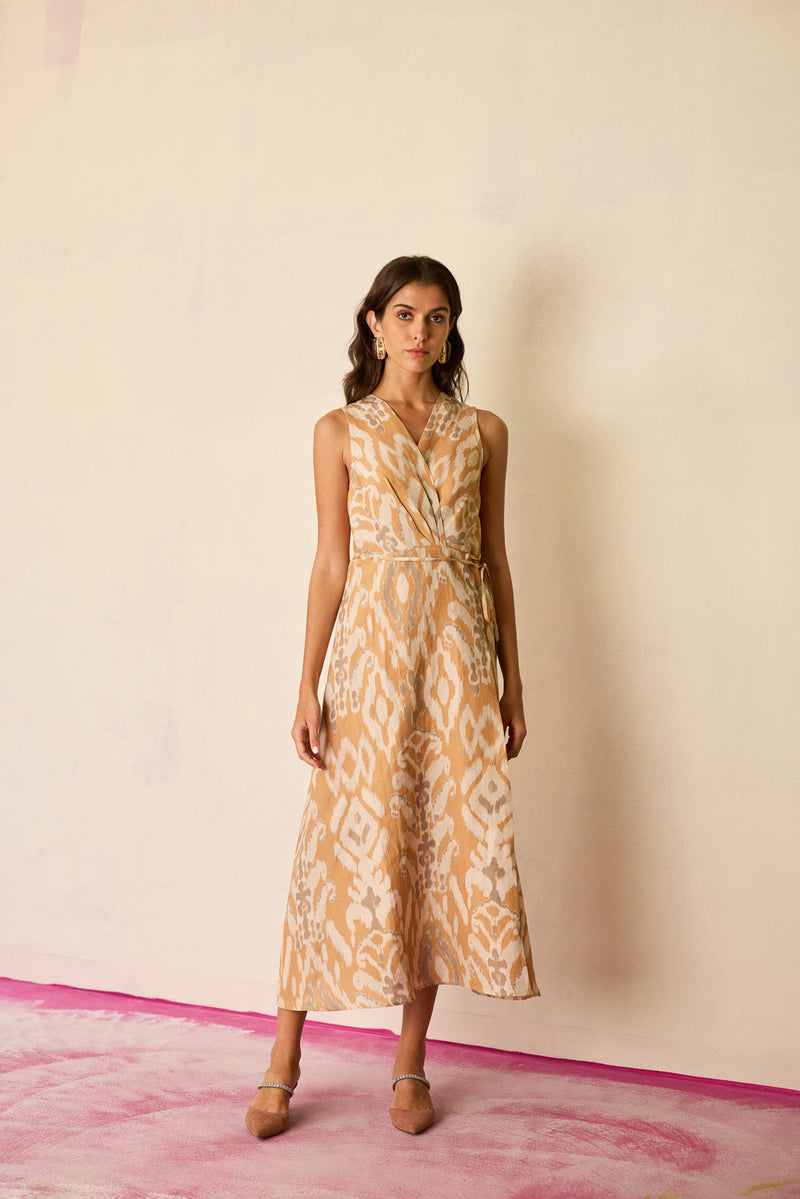Sand Ikat Wrap Dress linen dress by World of SiSa in musturd yellow for women Worldwide