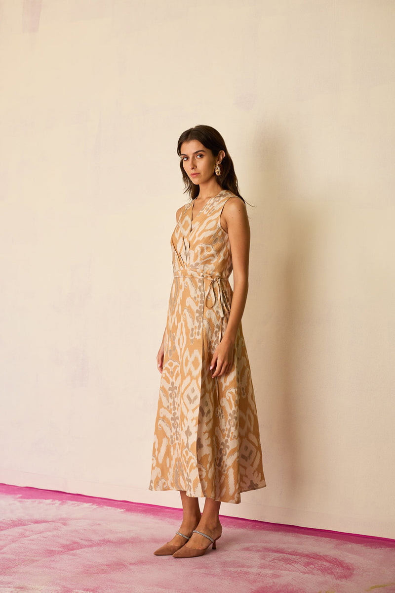 Sand Ikat Wrap Dress linen dress by World of SiSa in musturd yellow for women Worldwide