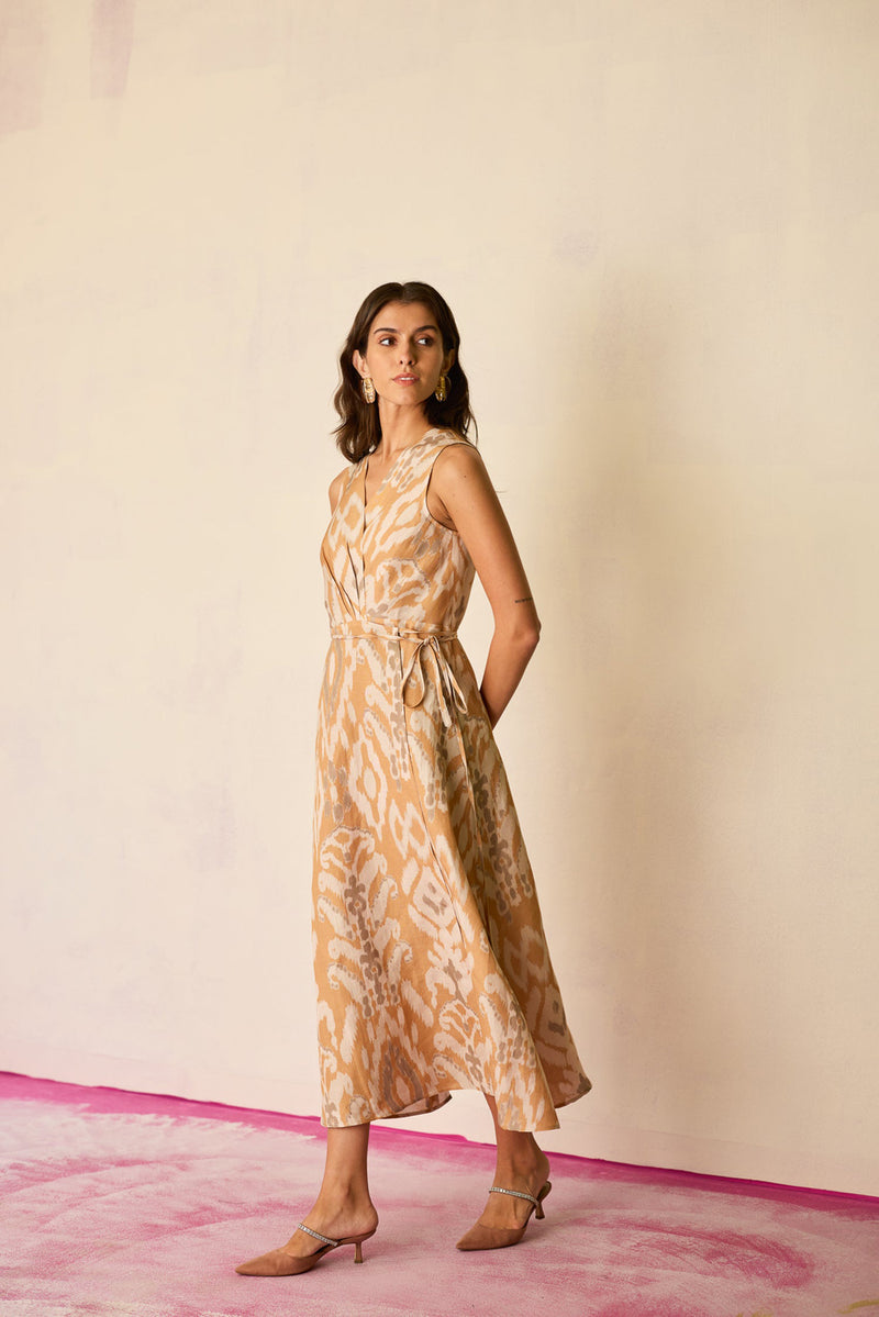Sand Ikat Wrap Dress linen dress by World of SiSa in musturd yellow for women Worldwide