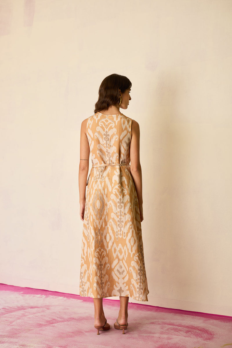Sand Ikat Wrap Dress linen dress by World of SiSa in musturd yellow for women Worldwide