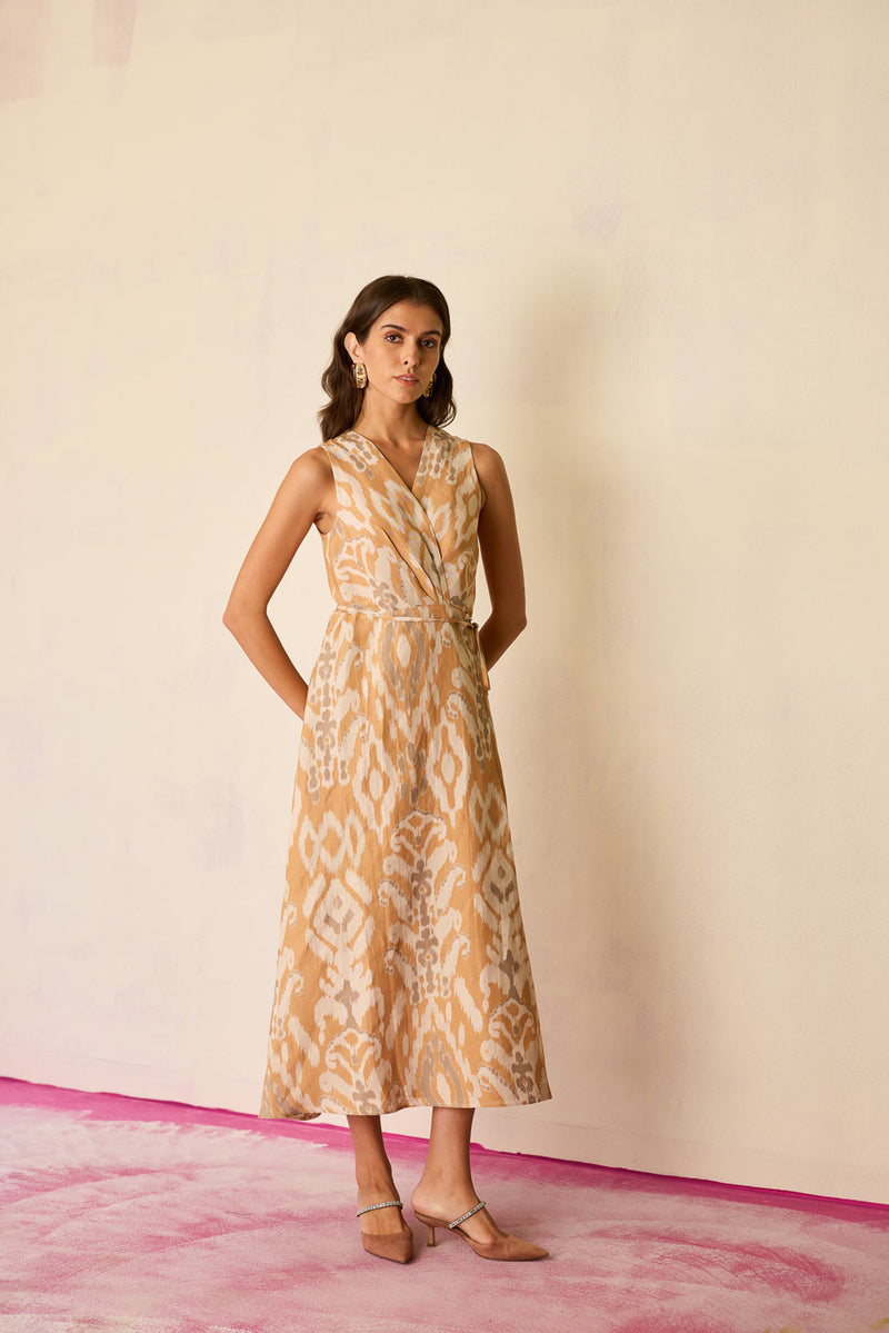 Sand Ikat Wrap Dress linen dress by World of SiSa in musturd yellow for women Worldwide