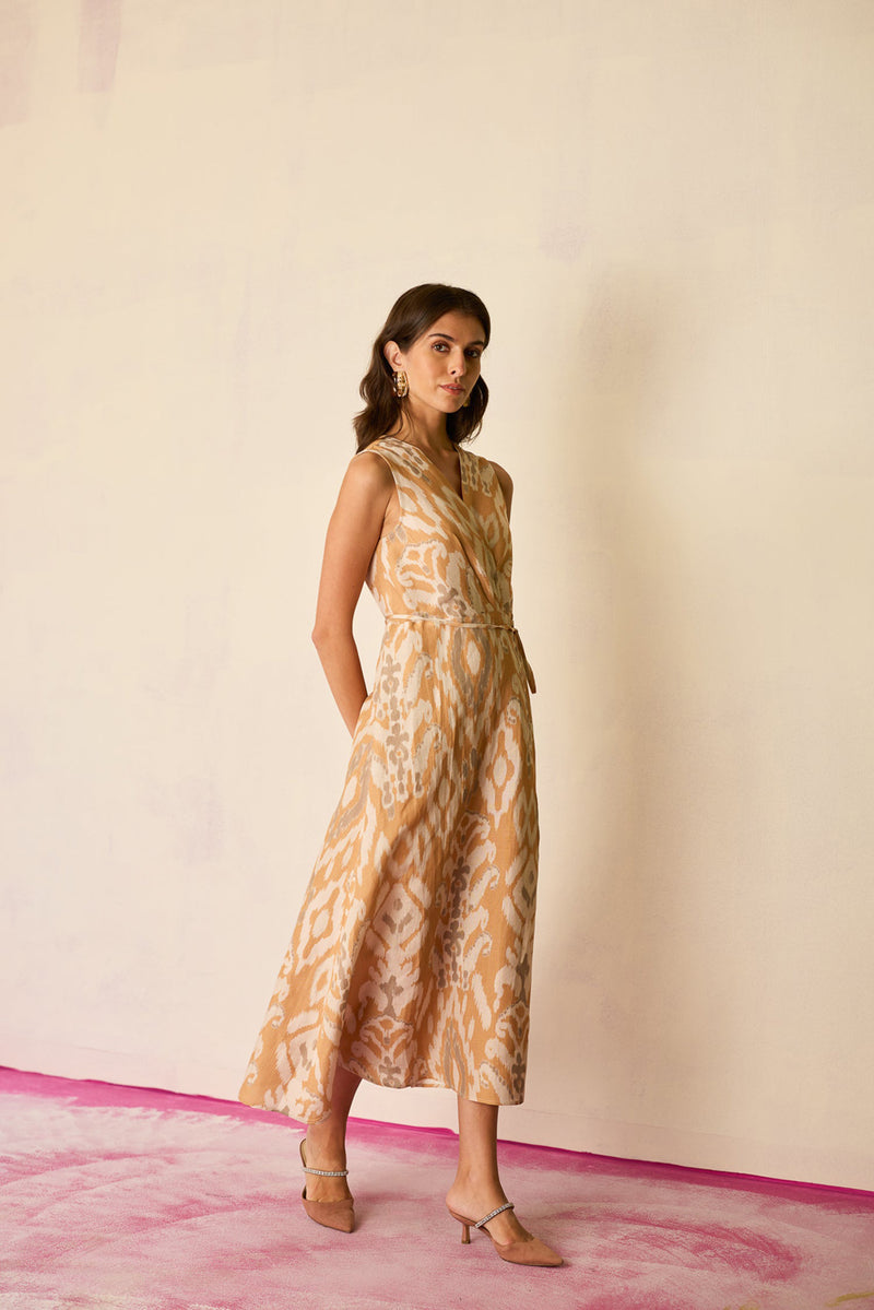 Sand Ikat Wrap Dress linen dress by World of SiSa in musturd yellow for women Worldwide