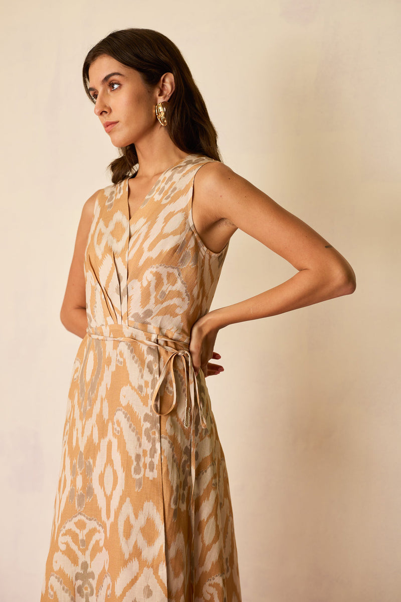 Sand Ikat Wrap Dress linen dress by World of SiSa in musturd yellow for women Worldwide
