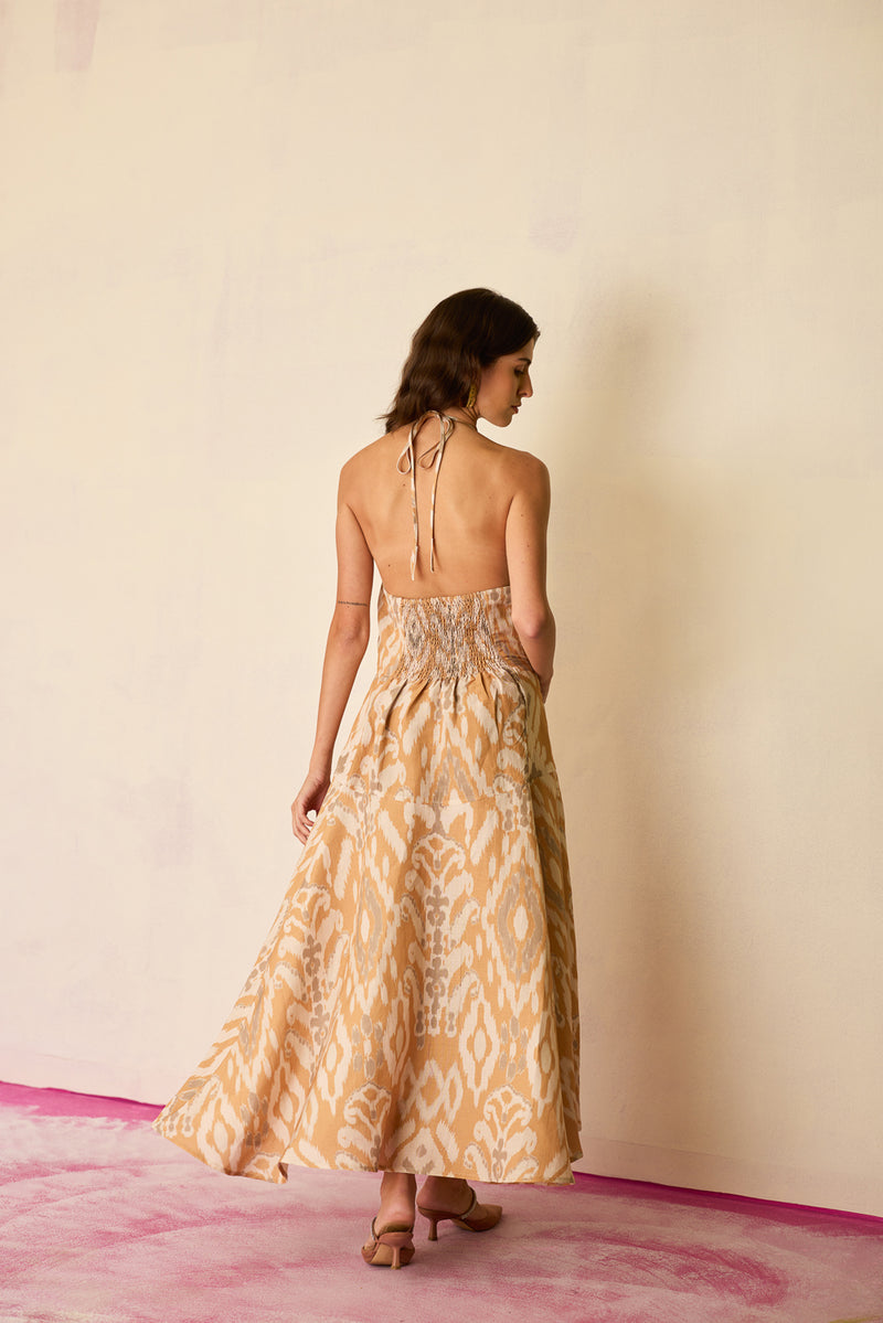 Sand Ikat Halter Neck Maxi Dress linen dress by World of SiSa in musturd yellow for women Worldwide