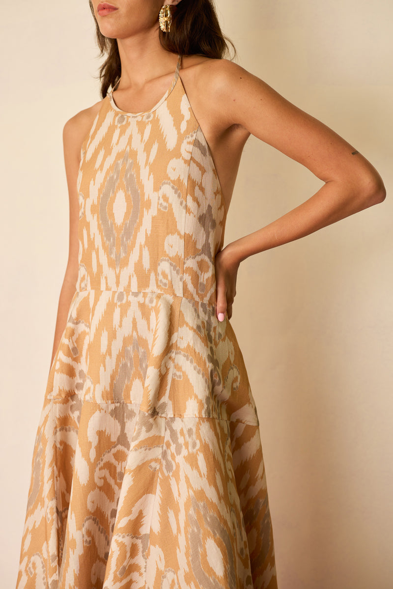 Sand Ikat Halter Neck Maxi Dress linen dress by World of SiSa in musturd yellow for women Worldwide