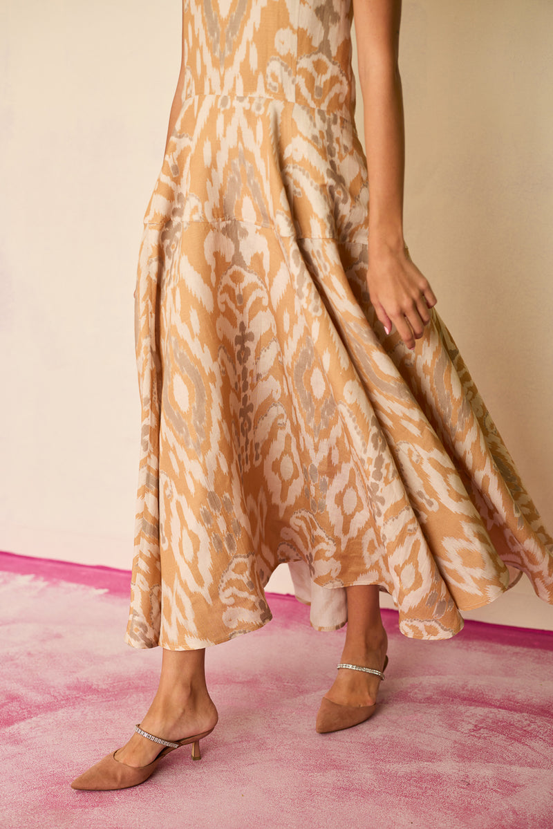 Sand Ikat Halter Neck Maxi Dress linen dress by World of SiSa in musturd yellow for women Worldwide