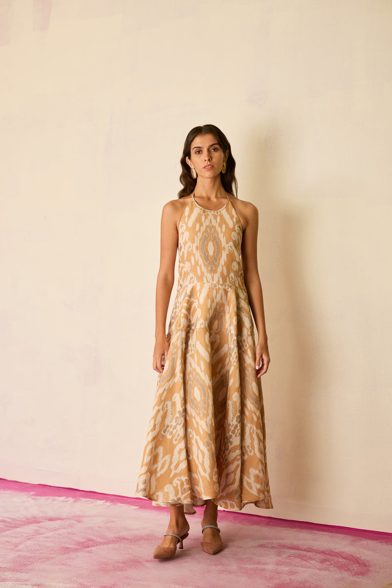 Sand Ikat Halter Neck Maxi Dress linen dress by World of SiSa in musturd yellow for women Worldwide