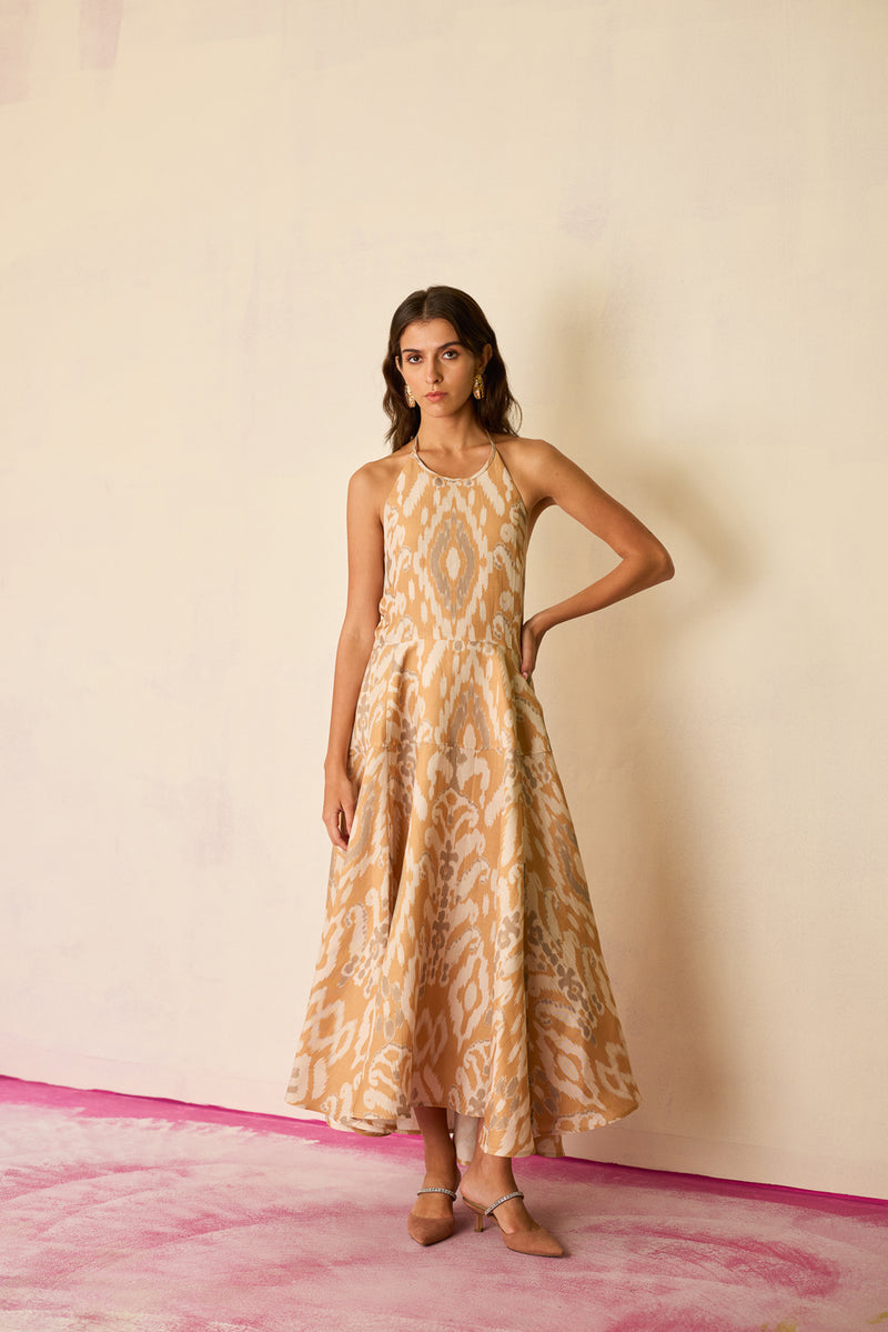 Sand Ikat Halter Neck Maxi Dress linen dress by World of SiSa in musturd yellow for women Worldwide